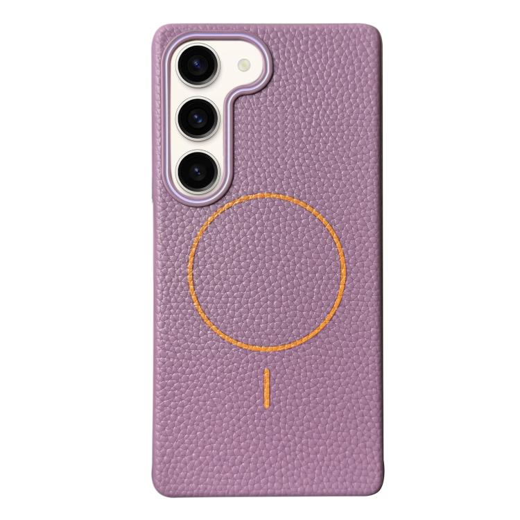 Funda de TPU con diseño de círculo fino MagSafe y textura de lichi para Samsung Galaxy S22+ 5G (morado y naranja)