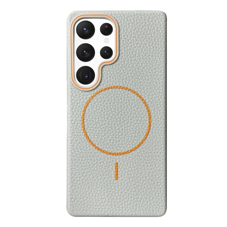 Funda de TPU con diseño de círculo fino MagSafe y textura de lichi para Samsung Galaxy S22 Ultra 5G (gris y naranja)