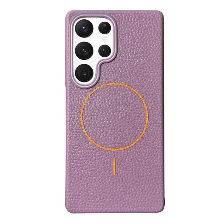 Funda de TPU con diseño de círculo fino MagSafe y textura de lichi para Samsung Galaxy S22 Ultra 5G (morado y naranja)