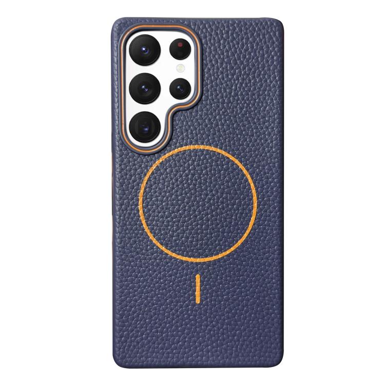 Funda de TPU con diseño de círculo fino MagSafe y textura de lichi para Samsung Galaxy S22 Ultra 5G (azul oscuro y naranja)