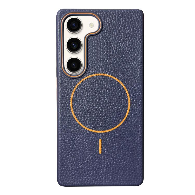Funda de TPU con diseño de círculo fino MagSafe y textura de lichi para Samsung Galaxy S23+ 5G (azul oscuro y naranja)