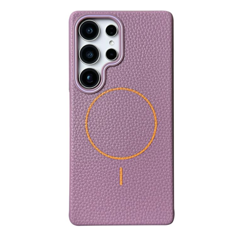 Funda de TPU con diseño de círculo fino MagSafe y textura de lichi para Samsung Galaxy S23 Ultra 5G (morado y naranja)