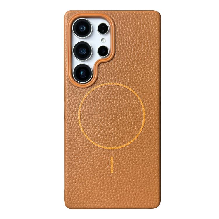 Funda de TPU con textura de lichi MagSafe para Samsung Galaxy S23 Ultra 5G (marrón dorado)