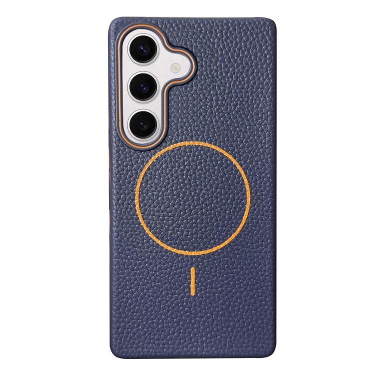 Funda de TPU con diseño de círculo fino MagSafe y textura de lichi para Samsung Galaxy S24 5G (azul oscuro y naranja)