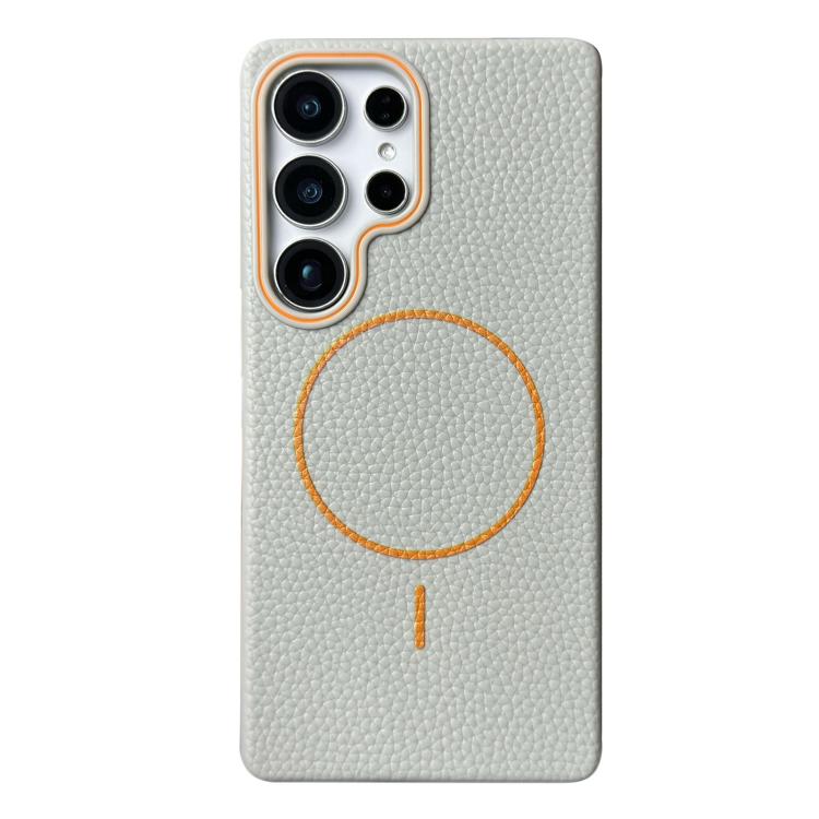 Funda de TPU con diseño de círculo fino MagSafe y textura de lichi para Samsung Galaxy S24 Ultra 5G (gris y naranja)