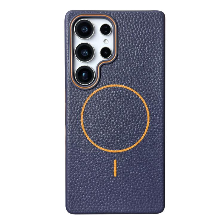 Funda de TPU con diseño de círculo fino MagSafe y textura de lichi para Samsung Galaxy S24 Ultra 5G (azul oscuro y naranja)