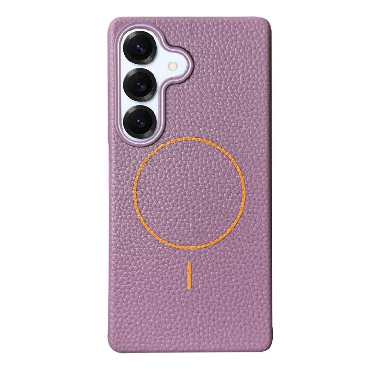 Funda de TPU con diseño de círculo fino MagSafe y textura de lichi para Samsung Galaxy S25 5G (morado y naranja)