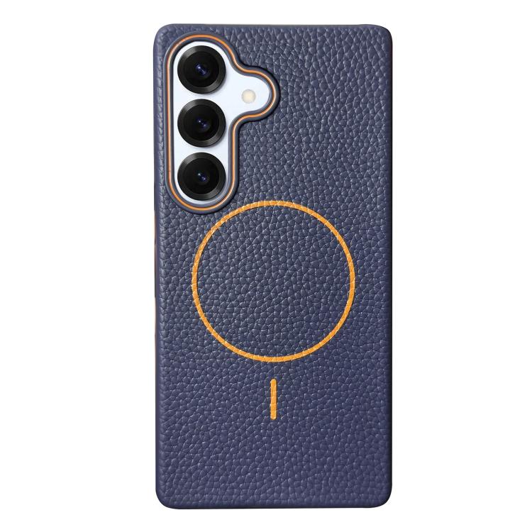 Funda de TPU con diseño de círculo fino MagSafe y textura de lichi para Samsung Galaxy S25 5G (azul oscuro y naranja)