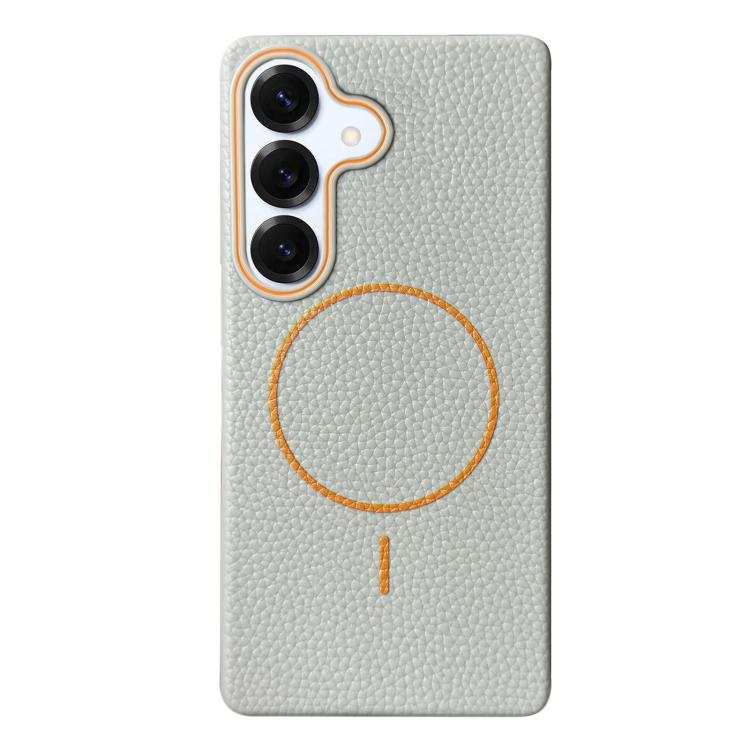 Funda de TPU con diseño de círculo fino MagSafe y textura de lichi para Samsung Galaxy S25+ 5G (gris y naranja)