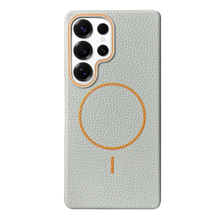 Funda de TPU con diseño de círculo fino MagSafe y textura de lichi para Samsung Galaxy S25 Ultra 5G (gris y naranja)