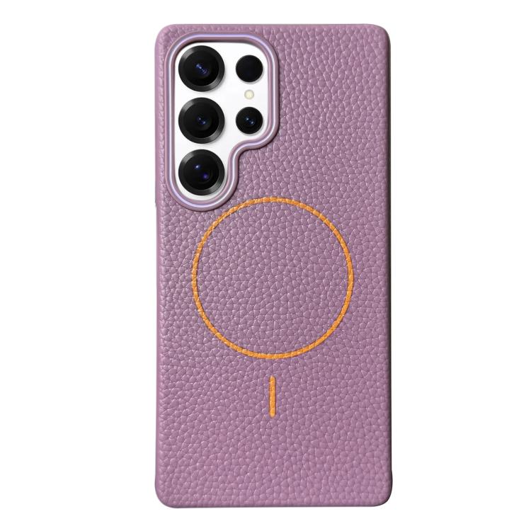 Funda de TPU con diseño de círculo fino MagSafe y textura de lichi para Samsung Galaxy S25 Ultra 5G (morado y naranja)