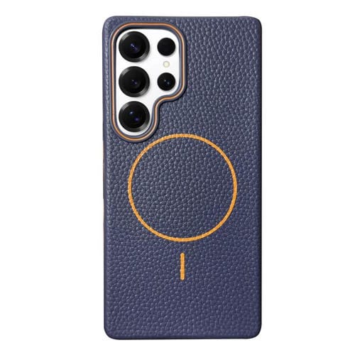 Funda de TPU con diseño de círculo fino MagSafe y textura de lichi para Samsung Galaxy S25 Ultra 5G (azul oscuro y naranja)