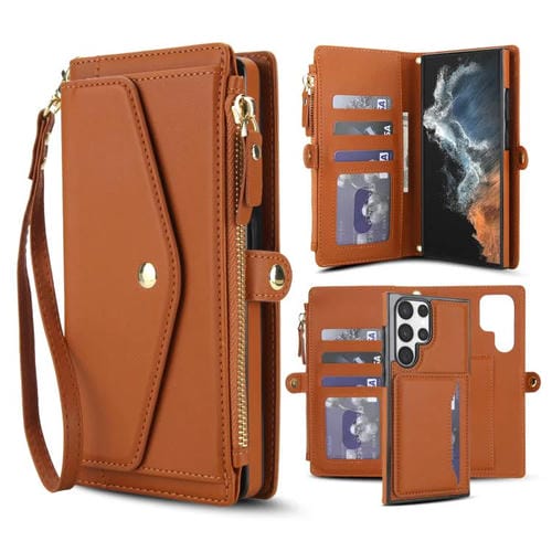 Funda de cuero desmontable con cordón para Samsung Galaxy S23 Ultra 5G (marrón)