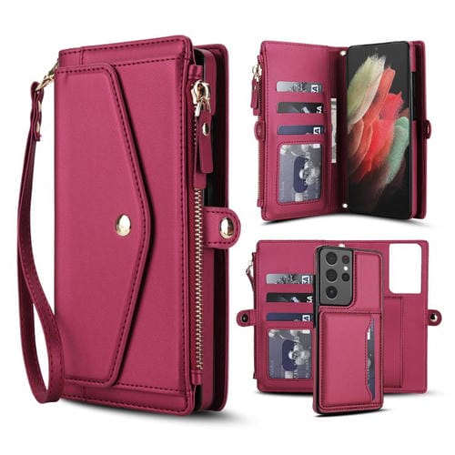 Funda de cuero desmontable con cordón para Samsung Galaxy S21 Ultra 5G (color rojo)
