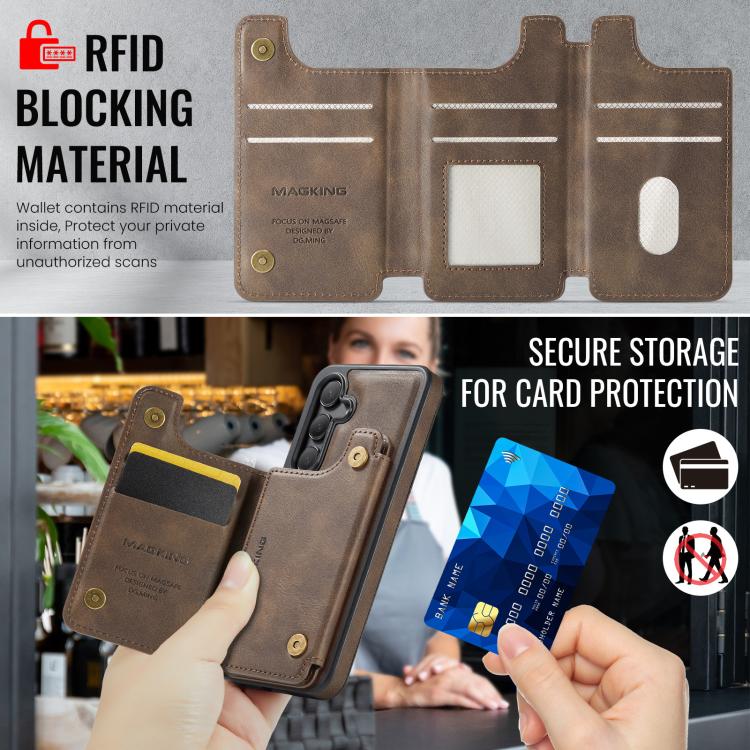 Funda desmontable para Samsung Galaxy S25 5G DG.MING MAGKING-K3 Series con ranuras para tarjetas RFID MagSafe (café)
