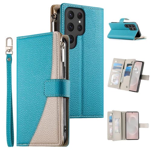 Funda de cuero con cremallera para Samsung Galaxy S25 Ultra 5G, con costuras, múltiples tarjetas y correa corta (azul)