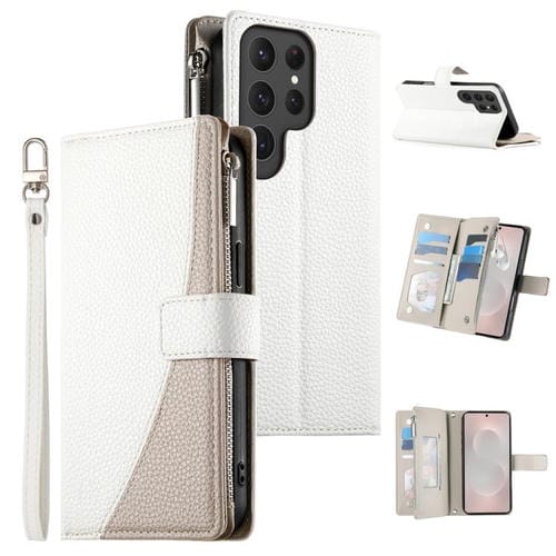 Funda de cuero tipo billetera con cremallera para Samsung Galaxy S25 Ultra 5G, con costuras, múltiples tarjetas y correa corta (blanca)
