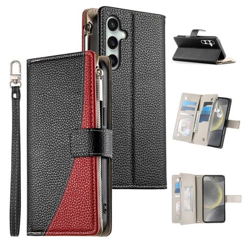 Funda de cuero tipo billetera con cremallera para Samsung Galaxy S24 FE 5G, con costuras, múltiples tarjetas y correa corta (negra)