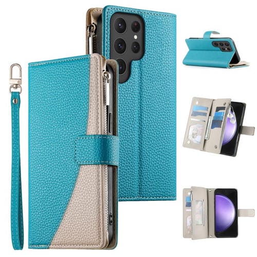 Funda de cuero tipo billetera con cremallera y múltiples tarjetas para Samsung Galaxy S23 Ultra 5G, con costuras y correa corta (azul)