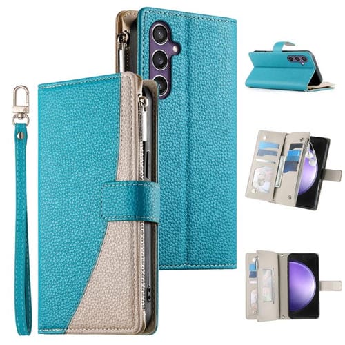 Funda de cuero tipo billetera con cremallera y múltiples tarjetas para Samsung Galaxy S23 FE 5G, con costuras y correa corta (azul)