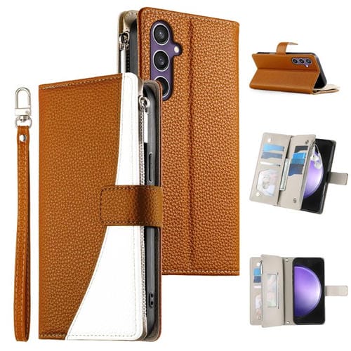 Funda de cuero con cremallera para Samsung Galaxy S23 FE 5G, con costuras, para múltiples tarjetas y correa corta (marrón)