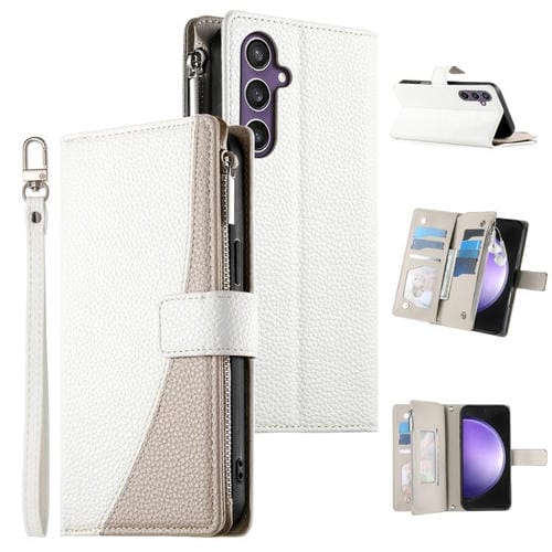 Funda de cuero tipo billetera con cremallera y múltiples tarjetas para Samsung Galaxy S23 FE 5G, con costuras y correa corta (blanca)