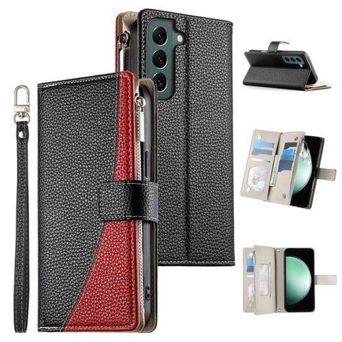 Funda de cuero tipo billetera con cremallera para Samsung Galaxy S22+ 5G, con costuras, múltiples tarjetas y correa corta (negra)