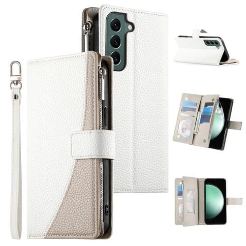 Funda de cuero tipo billetera con cremallera y múltiples tarjetas para Samsung Galaxy S22+ 5G, con costuras y correa corta (blanca)