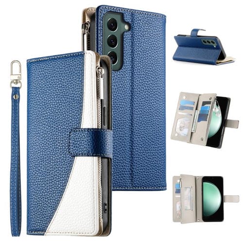 Funda de cuero con cremallera para Samsung Galaxy S22 5G, con costuras, para múltiples tarjetas y correa corta (azul oscuro)