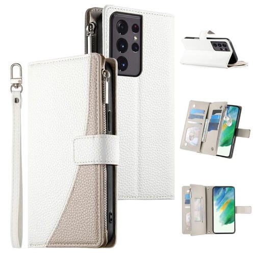 Funda de cuero tipo billetera con cremallera y múltiples tarjetas para Samsung Galaxy S21 Ultra 5G, con costuras y correa corta (blanca)
