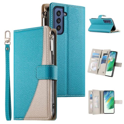 Funda de cuero tipo billetera con cremallera y múltiples tarjetas para Samsung Galaxy S21 FE 5G con costuras y correa corta (azul)