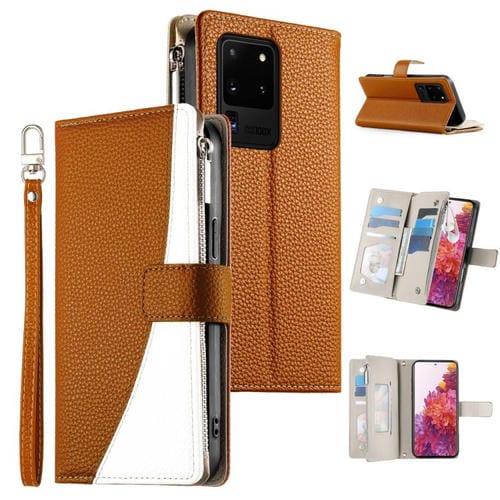 Funda de cuero tipo billetera con cremallera para Samsung Galaxy S20 Ultra, con costuras, múltiples tarjetas y correa corta (marrón)
