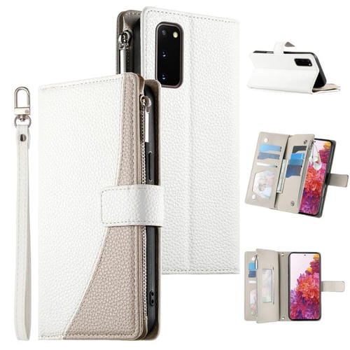 Funda de cuero tipo billetera con cremallera para Samsung Galaxy S20 con costuras y correa corta (blanca)