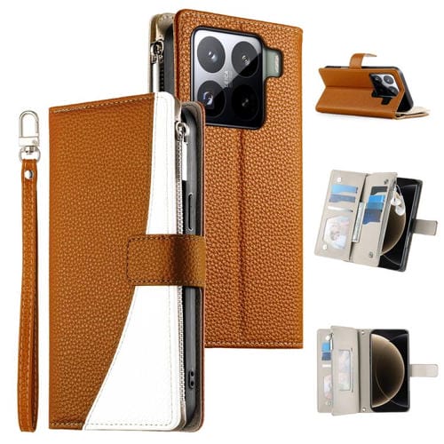 Funda de cuero con cremallera para Xiaomi 15 Pro, con múltiples tarjetas y costuras, con correa corta (marrón)
