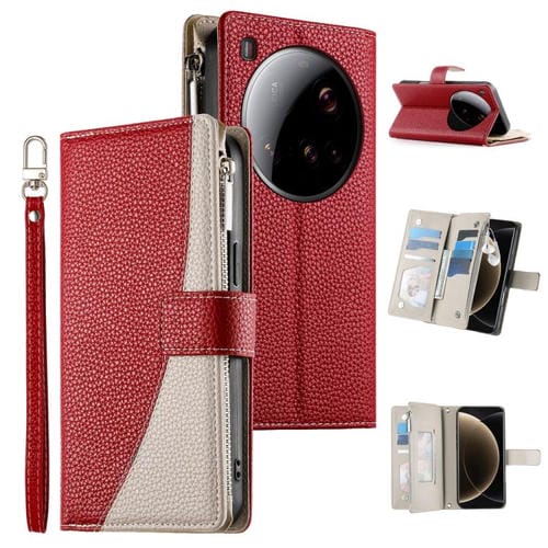 Funda de cuero con cremallera para Xiaomi 15 Ultra, con múltiples tarjetas y costuras, con correa corta (roja)