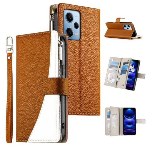 Funda de cuero con cremallera para Redmi Note 12 Pro 5G, con costuras globales y múltiples tarjetas, con correa corta (marrón)