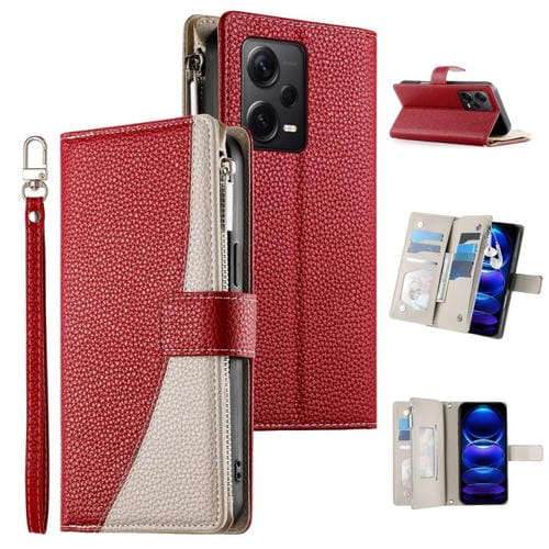 Funda de cuero con cremallera y múltiples tarjetas para Redmi Note 12 Pro+ Global / Note 12 Explorer, con costuras y correa corta (roja)