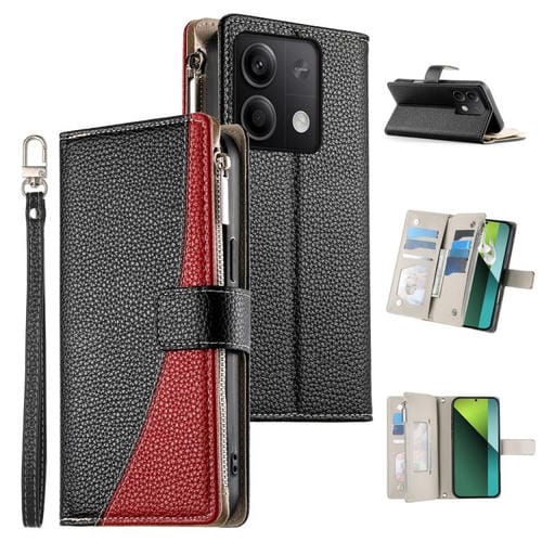 Funda de cuero con cremallera para Redmi Note 13 5G, con costuras globales y múltiples tarjetas, con correa corta (negra)