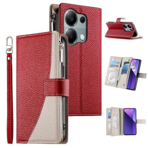 Funda de cuero con cremallera para Redmi Note 13 Pro 4G / Poco M6 Pro, con costuras, para múltiples tarjetas y correa corta (roja)