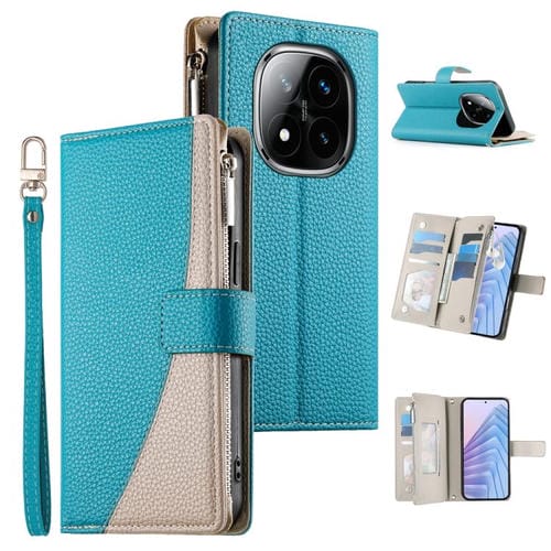 Funda de cuero con cremallera para Redmi Note 14 Pro 4G, con costuras, para múltiples tarjetas y correa corta (azul)