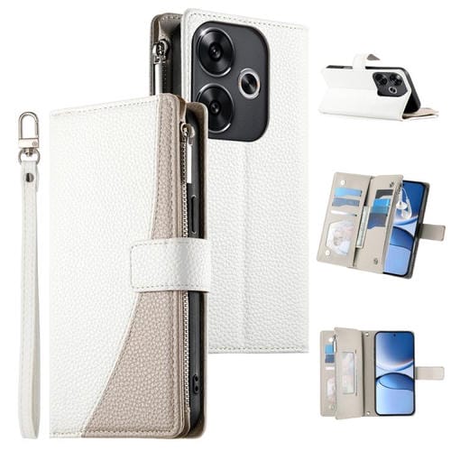 Funda de cuero con cremallera para Redmi Turbo 3 y Xiaomi Poco F6, con costuras, para múltiples tarjetas y correa corta (blanca)