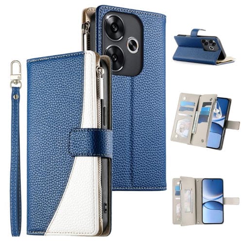 Funda de cuero con cremallera para Redmi Turbo 3 y Xiaomi Poco F6, con costuras, para múltiples tarjetas y correa corta (azul oscuro)