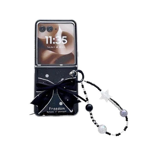 Funda para Motorola Razr 60 Ultra con purpurina y diseño de lunares y lazo (negra)