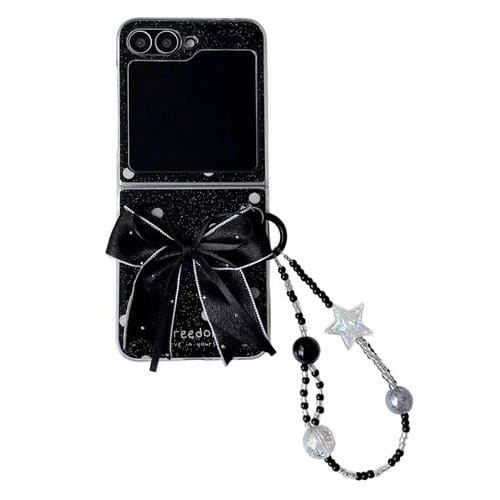 Funda para Samsung Galaxy Z Flip6 con diseño de puntos brillantes y lazo (negra)