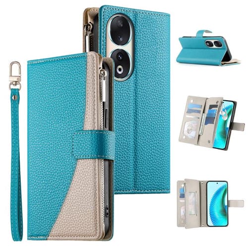 Funda de cuero con cremallera para teléfono con múltiples tarjetas y costuras para Honor 90 (azul)