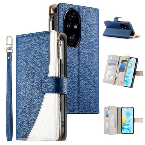 Funda de cuero con cremallera y múltiples tarjetas para Honor 200 Pro, con costuras y correa corta (azul oscuro)