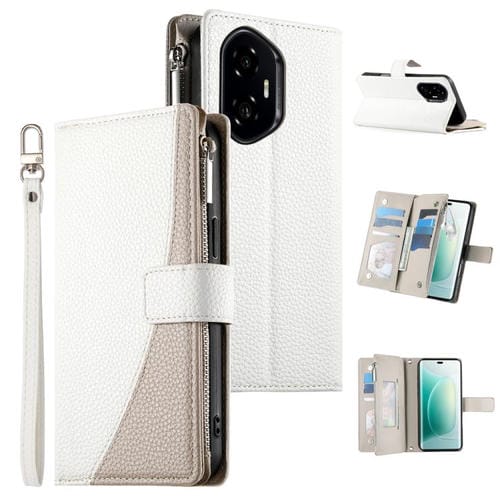 Funda de cuero con cremallera para teléfono con múltiples tarjetas y costuras para Honor 300 (blanco)