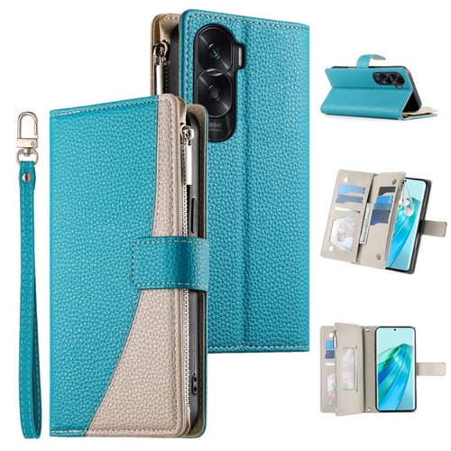 Funda de cuero con cremallera y múltiples tarjetas para Honor X50i / Honor 90 Lite, con costuras y correa corta (azul)