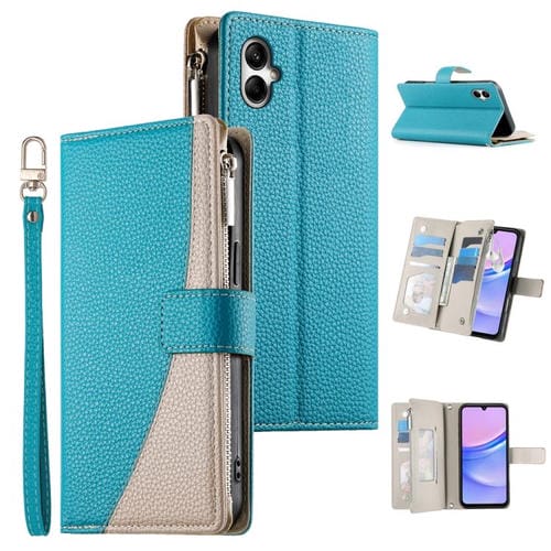 Funda de cuero tipo billetera con cremallera y múltiples tarjetas para Samsung Galaxy A05 con costuras y correa corta (azul)