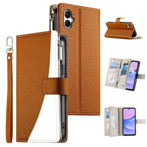 Funda de cuero con cremallera para Samsung Galaxy A05, con costuras, para múltiples tarjetas y correa corta (marrón)